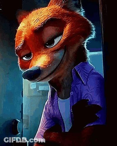 A Cartoon Fox Wearing A Purple Shirt Is Standing In A Doorway . GIF