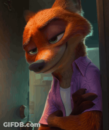 A Cartoon Fox Wearing A Purple Shirt GIF