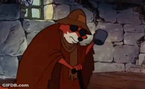 A Cartoon Fox Wearing Sunglasses And A Hat Is Holding A Hammer In A Room . GIF