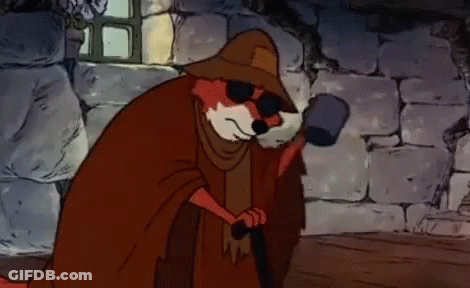 A Cartoon Fox Wearing Sunglasses And A Hat Is Holding A Hammer In A Room . GIF
