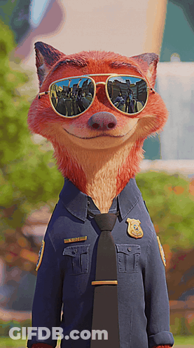 A Cartoon Fox Wearing Sunglasses And A Police Uniform With The Name Nick On It GIF