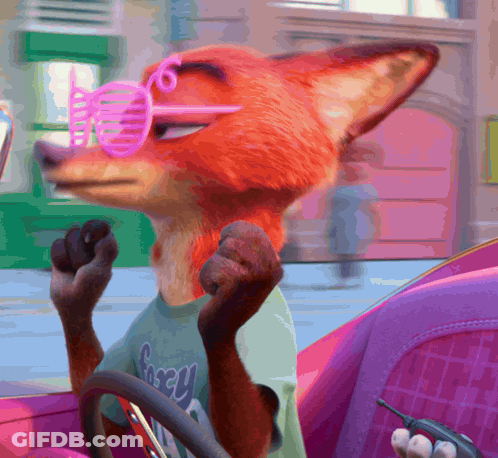 A Cartoon Fox Wearing Sunglasses And A Shirt That Says Fancy GIF