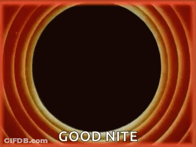 A Cartoon Frame With A Black Circle In The Middle And The Words `` Good Night '' Written On It . GIF