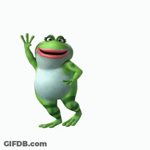 A Cartoon Frog Is Dancing And Waving At The Camera . GIF
