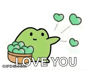 A Cartoon Frog Is Holding A Bowl Of Green Hearts And Says `` Love You '' . GIF