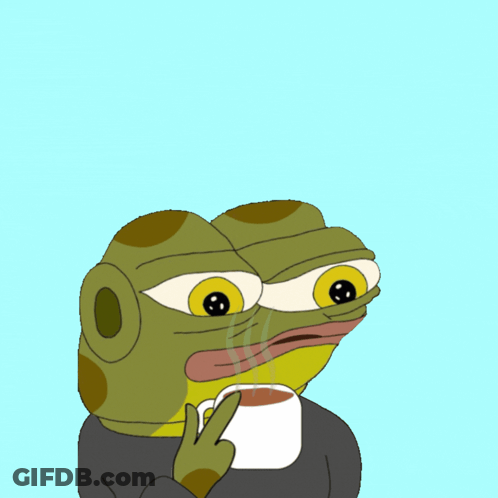 A Cartoon Frog Is Holding A Cup Of Coffee And Making A Peace Sign GIF