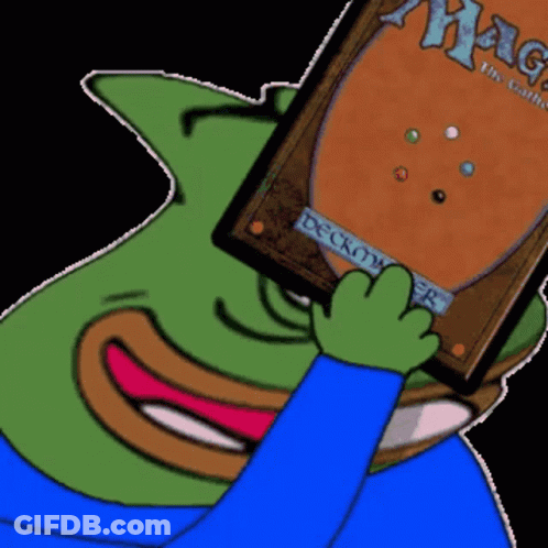 A Cartoon Frog Is Holding A Magic The Gathering Card In Front Of His Face GIF