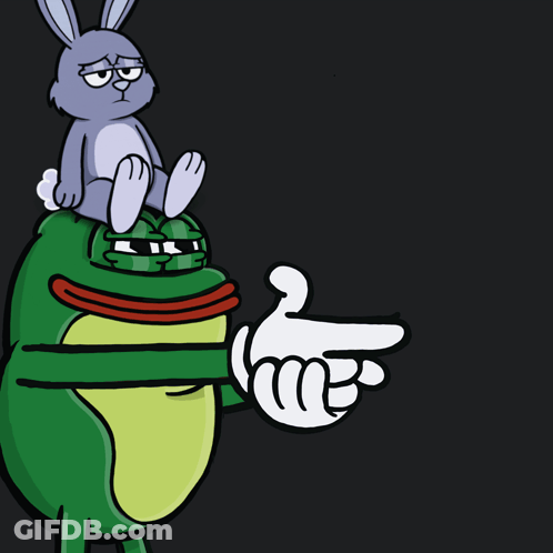 A Cartoon Frog Is Pointing At A Rabbit That Is Sitting On Top Of Another Frog GIF