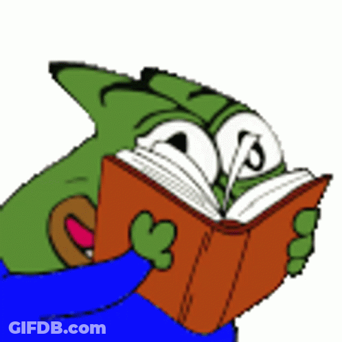A Cartoon Frog Is Reading A Book With His Eyes Closed . GIF