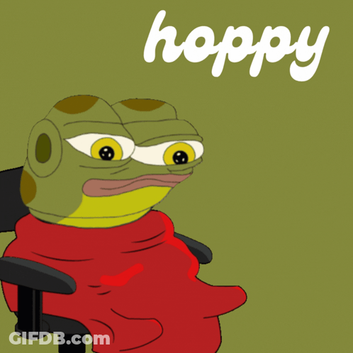A Cartoon Frog Is Sitting In A Chair With The Word Hoppy Above It GIF