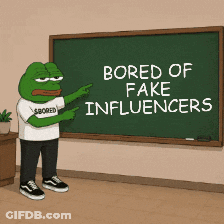 A Cartoon Frog Points To A Blackboard That Says Bored Of Fake Influencers GIF