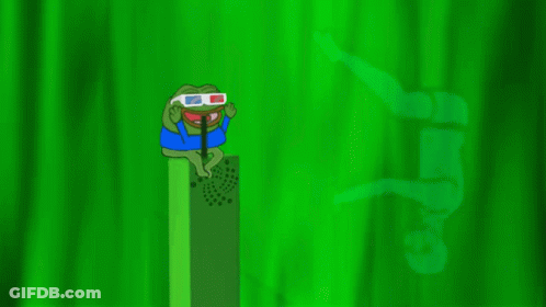 A Cartoon Frog Wearing 3D Glasses Is Sitting On A Green Object GIF