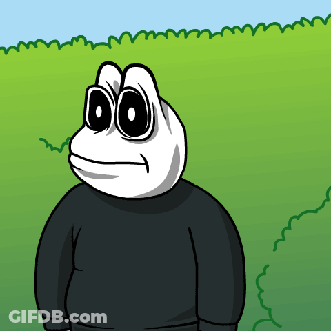 A Cartoon Frog Wearing A Black Sweater Stands In A Grassy Field GIF