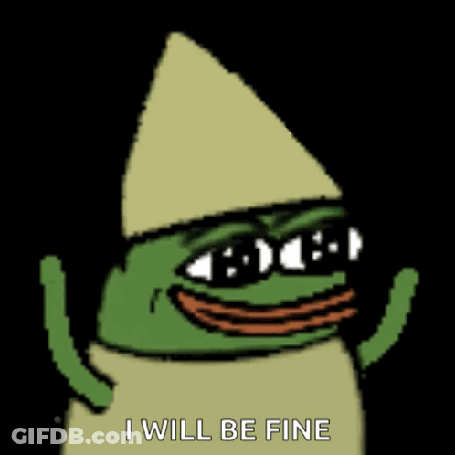 A Cartoon Frog Wearing A Hat And Sunglasses Says `` I Will Be Fine '' GIF