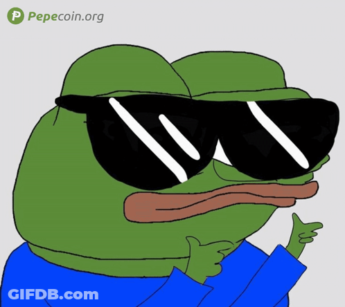 A Cartoon Frog Wearing Sunglasses And A Blue Shirt With Pepecoin.org In The Corner GIF