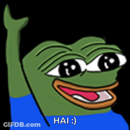 A Cartoon Frog With A Blue Shirt On Is Waving His Hand And Says Hai GIF
