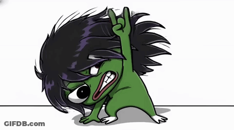 A Cartoon Frog With Long Black Hair Is Giving A Rock And Roll Sign . GIF