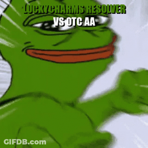 A Cartoon Frog With The Words Lucky Charms Resolver Vs Otc Aa GIF