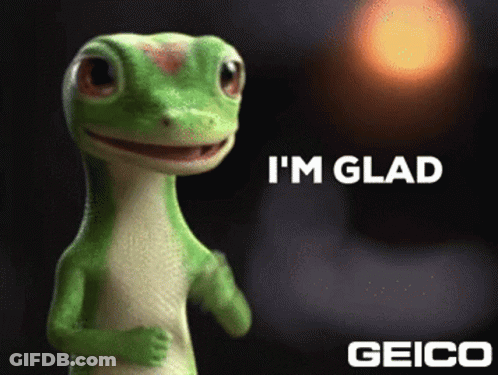 A Cartoon Gecko Says I 'M Glad Geico On A Dark Background GIF