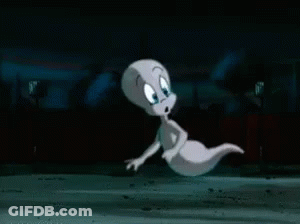 A Cartoon Ghost Is Flying Through The Air At Night . GIF