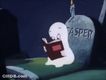 A Cartoon Ghost Is Reading A Book In Front Of A Gravestone With The Name Asper Written On It GIF