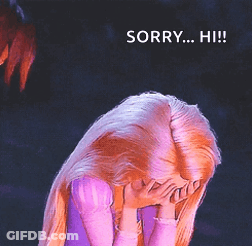 A Cartoon Girl Covering Her Face With Her Hands And The Words Sorry Hi GIF