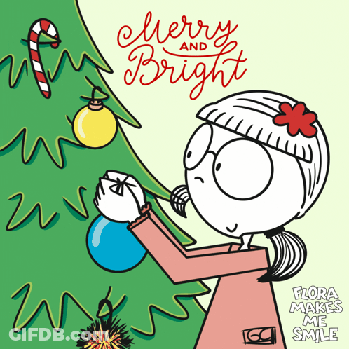 A Cartoon Girl Decorating A Christmas Tree With The Words Merry And Bright GIF