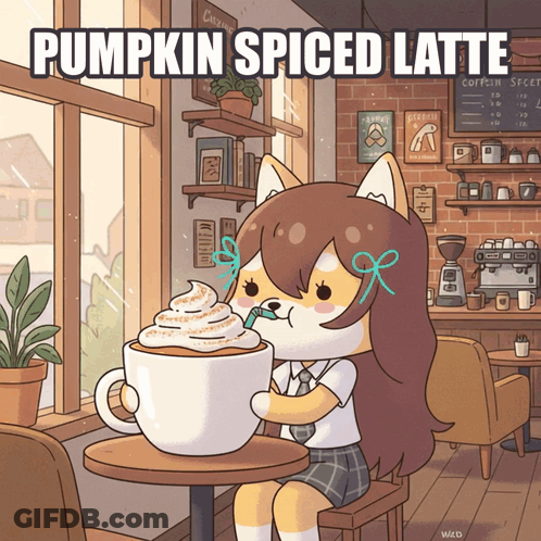 A Cartoon Girl Drinking A Cup Of Pumpkin Spiced Latte GIF