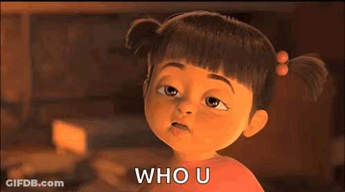 A Cartoon Girl From The Movie Monsters Inc Is Looking At The Camera And Saying `` Who U '' . GIF