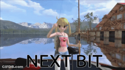 A Cartoon Girl Holding A Fishing Rod Next To The Word Nextbit GIF