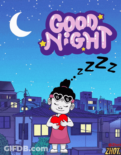 A Cartoon Girl Holding A Heart In Front Of A Good Night Sign GIF