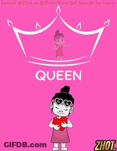 A Cartoon Girl Holding A Heart Under A Crown With The Word Queen On It GIF