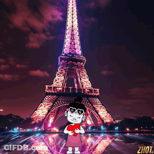 A Cartoon Girl Holds A Heart In Front Of The Eiffel Tower GIF
