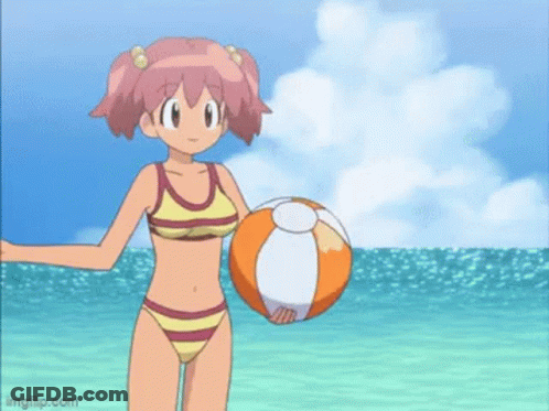 A Cartoon Girl In A Bikini Is Playing With A Beach Ball . GIF