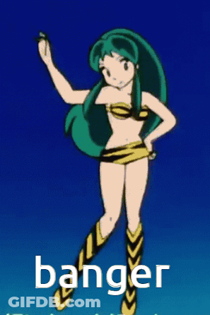 A Cartoon Girl In A Bikini Is Standing In Front Of A Blue Background With The Word Banger On It . GIF
