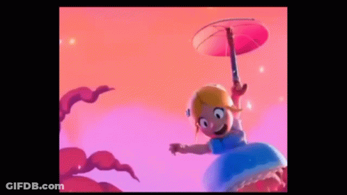 A Cartoon Girl In A Blue Dress Is Holding An Umbrella In Her Hand . GIF