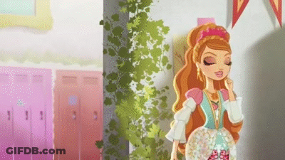 A Cartoon Girl In A Dress Is Standing In A Room With Pink Lockers . GIF