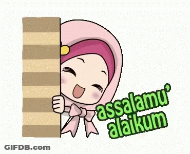A Cartoon Girl In A Pink Hijab Is Peeking Out From Behind A Wall And Says Assalamu Alaikum . GIF