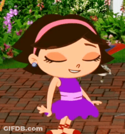 A Cartoon Girl In A Purple Dress Is Standing On A Brick Sidewalk . GIF