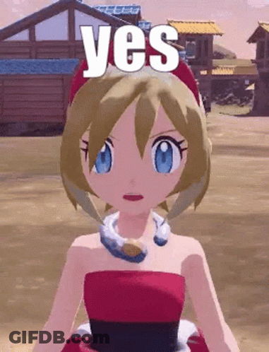 A Cartoon Girl In A Red Dress Is Standing In A Field With The Word Yes On Her Head . GIF