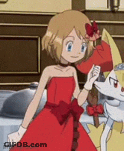 A Cartoon Girl In A Red Dress Is Standing Next To A Pokemon . GIF