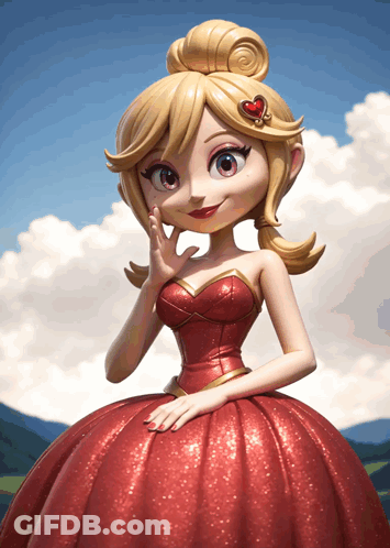 A Cartoon Girl In A Red Dress With A Heart Shaped Crown On Her Head GIF