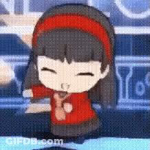 A Cartoon Girl In A Red Sweater And Red Headband Is Sitting On A Table With Her Eyes Closed . GIF