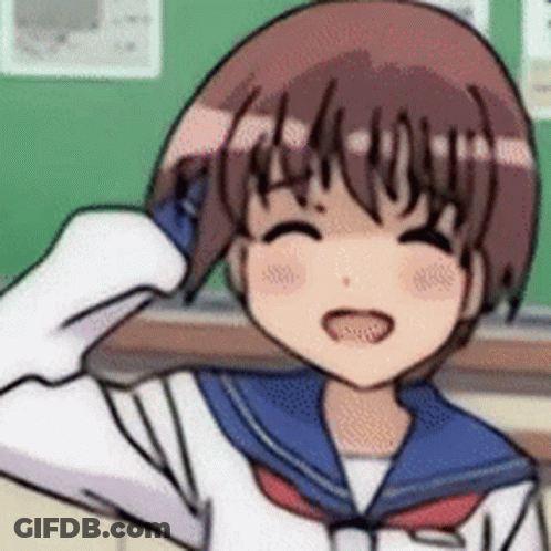 A Cartoon Girl In A School Uniform Is Waving Her Hand In Front Of A Green Board . GIF