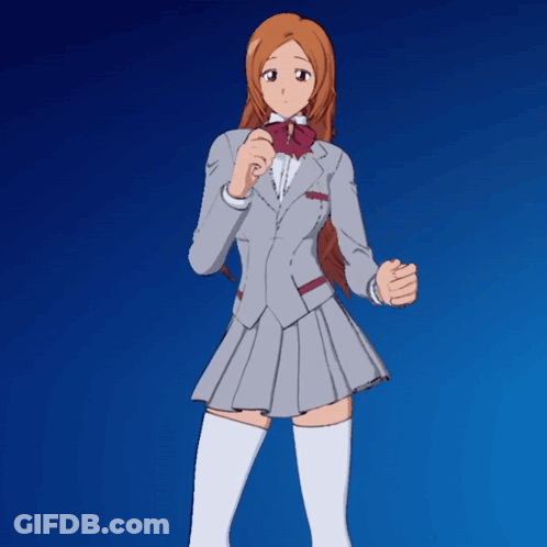 A Cartoon Girl In A Suit And White Knee High Socks Stands In Front Of A Blue Background GIF