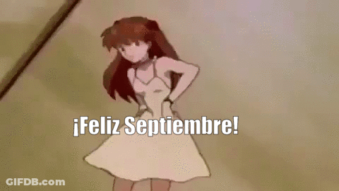 A Cartoon Girl In A White Dress Is Dancing And Pointing At The Words Feliz Septiembre . GIF