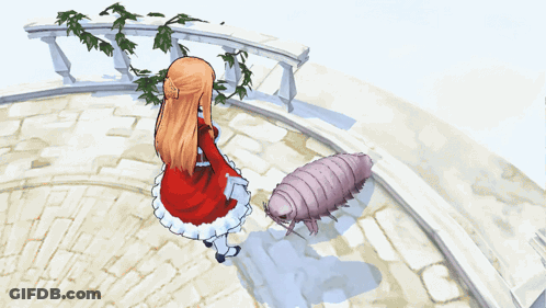 A Cartoon Girl In A White Dress Stands Next To A Monster GIF