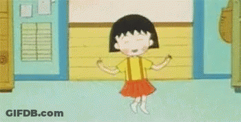 A Cartoon Girl In A Yellow Shirt And Red Skirt Is Dancing In A Hallway . GIF