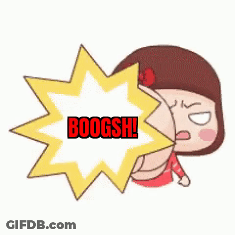 A Cartoon Girl Is Blowing A Speech Bubble With The Word Boogsh Written On It . GIF