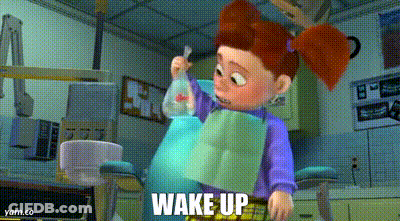 A Cartoon Girl Is Brushing Her Teeth In A Dental Chair And The Words Wake Up Are On The Bottom GIF